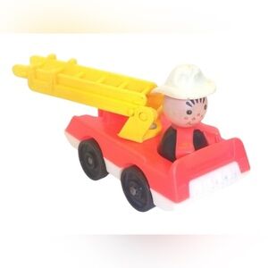 FISHER-PRICE - LITTLE PEOPLE Wood Firefighter Figure and Truck - Vintage 1970’s